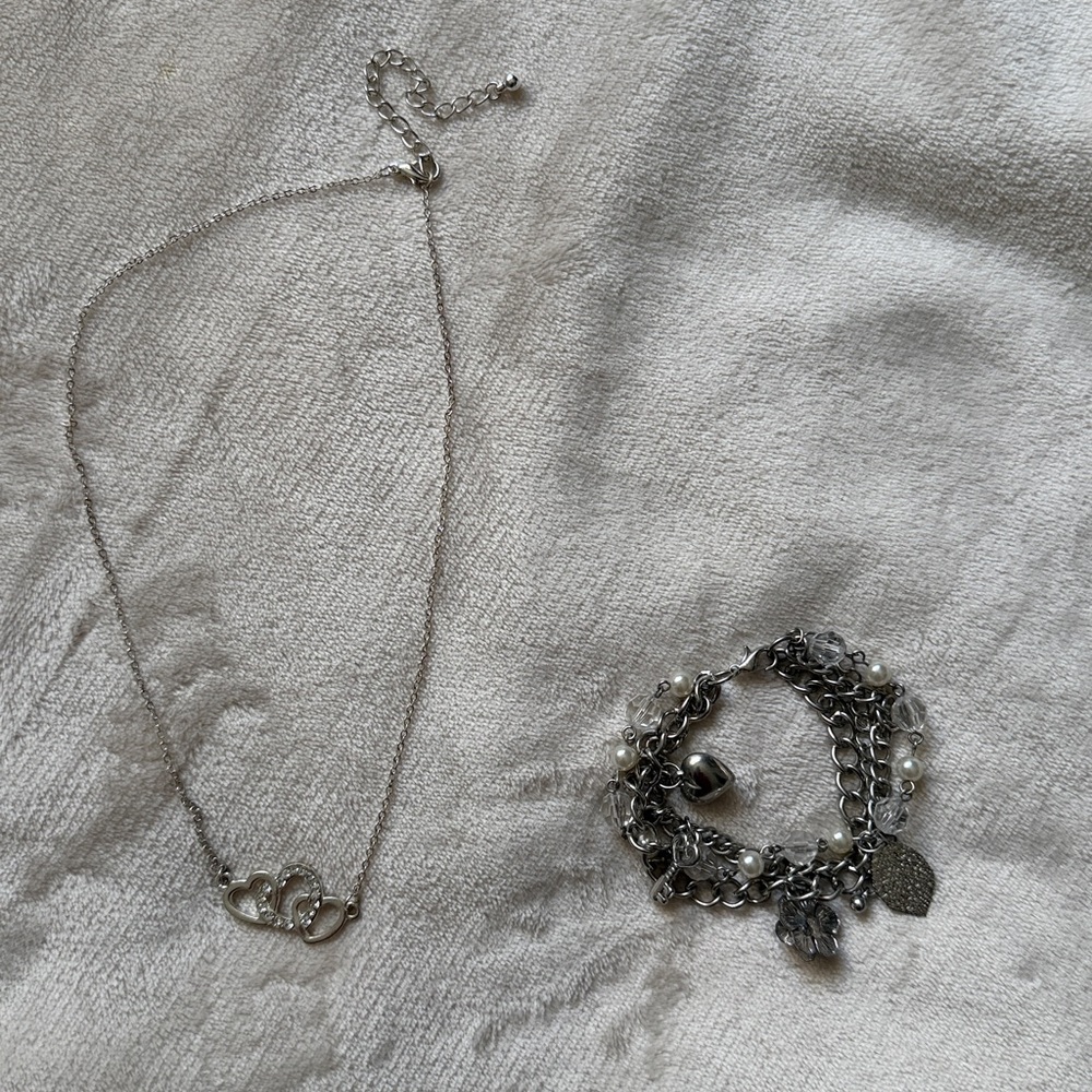 Silver Colored Heart Necklace and Charm Bracelet